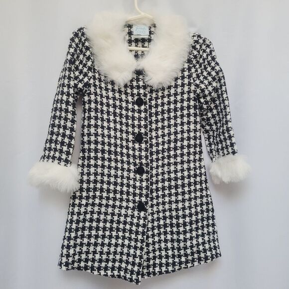 Jessica Ann Houndstooth Coat Faux Fur Collar Cuffs Lightweight Unlined Size 48M - Picture 1 of 6